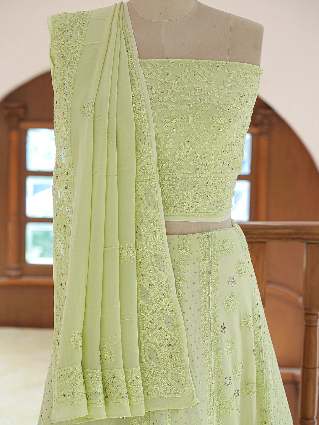 Ada Hand Embroidered Pistachio Green Viscose Georgette Lucknowi Chikankari Lehenga Set With Mukaish Work 01A546639