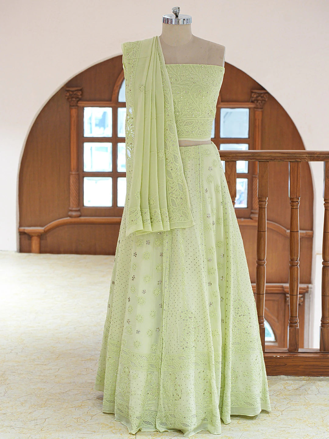 Ada Hand Embroidered Pistachio Green Viscose Georgette Lucknowi Chikankari Lehenga Set With Mukaish Work 01A546639