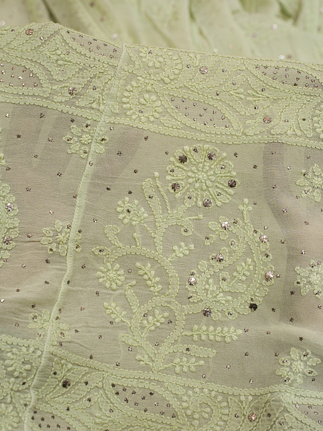 Ada Hand Embroidered Pistachio Green Viscose Georgette Lucknowi Chikankari Lehenga Set With Mukaish Work 01A546639