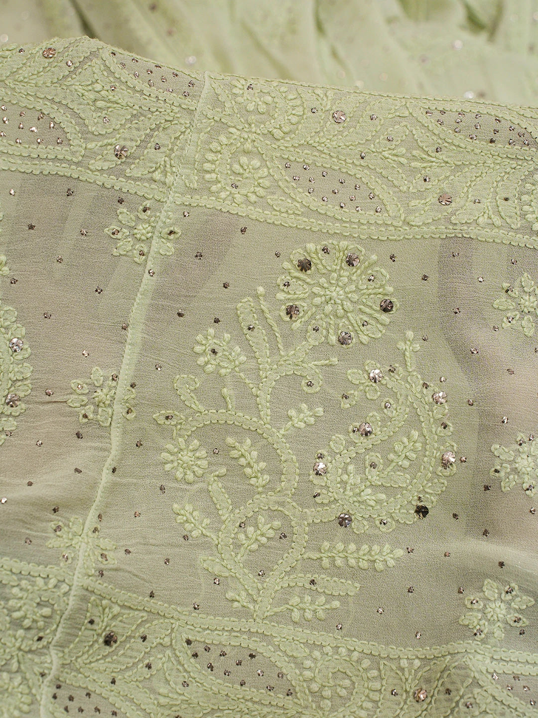 Ada Hand Embroidered Pistachio Green Viscose Georgette Lucknowi Chikankari Lehenga Set With Mukaish Work 01A546639