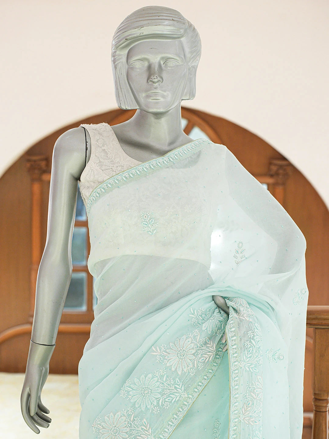Ada Hand Embroidered Sky Blue Organza Lucknowi Chikankari Saree and Blouse With Cutdana Work 01A628045