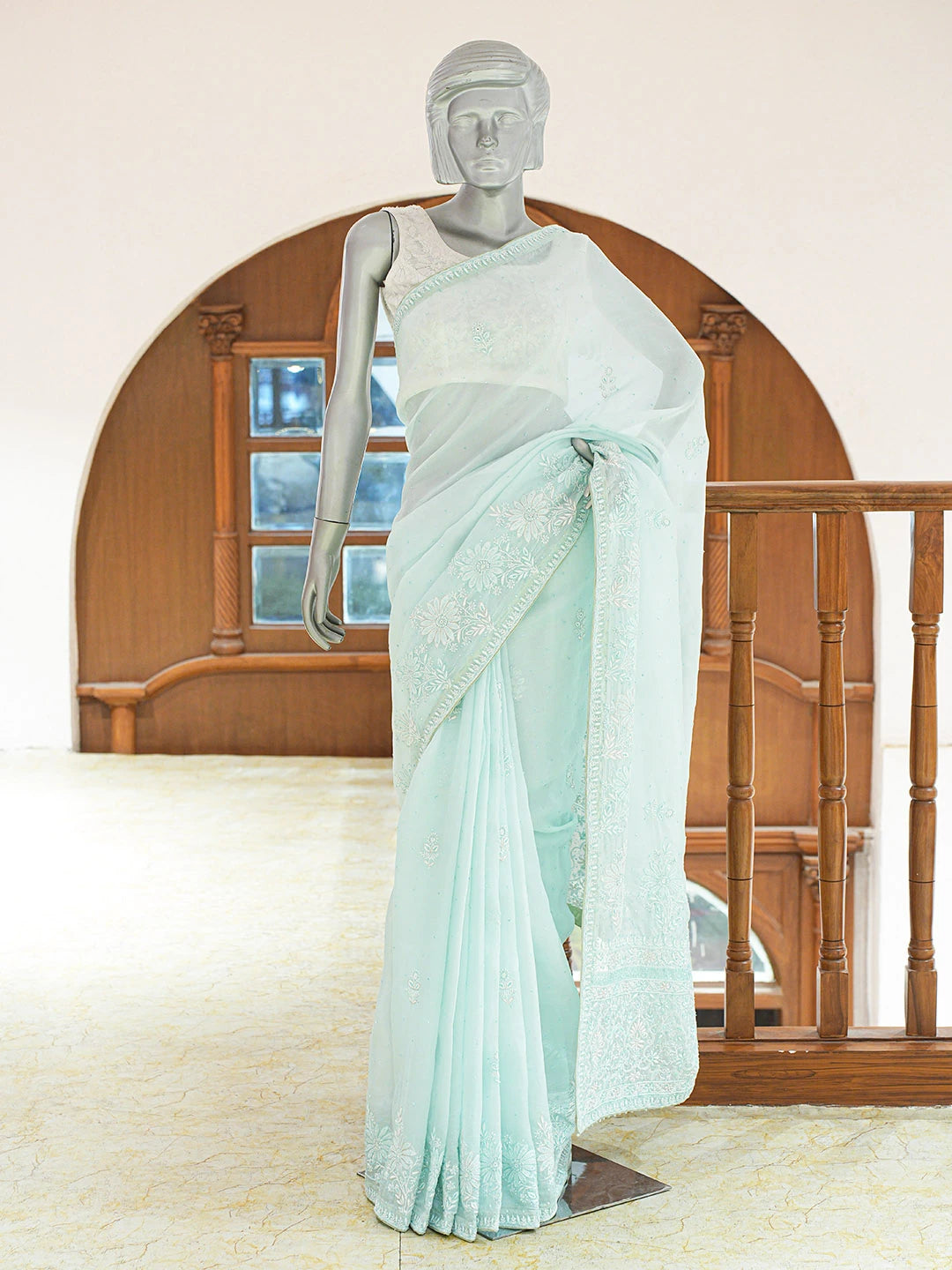Ada Hand Embroidered Sky Blue Organza Lucknowi Chikankari Saree and Blouse With Cutdana Work 01A628045