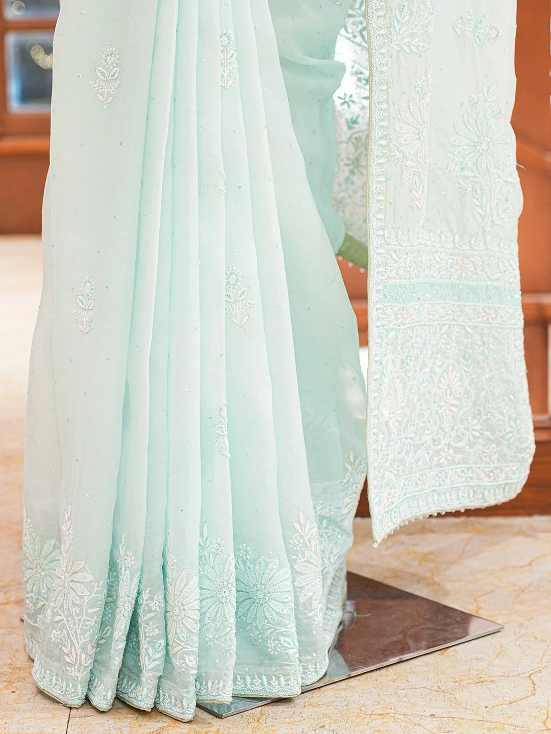 Ada Hand Embroidered Sky Blue Organza Lucknowi Chikankari Saree and Blouse With Cutdana Work 01A628045