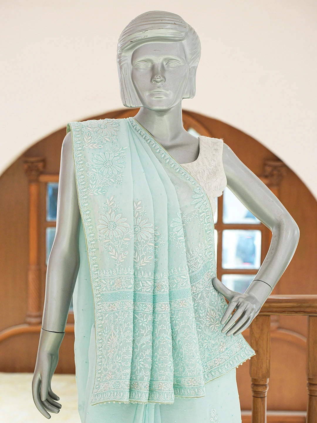 Ada Hand Embroidered Sky Blue Organza Lucknowi Chikankari Saree and Blouse With Cutdana Work 01A628045