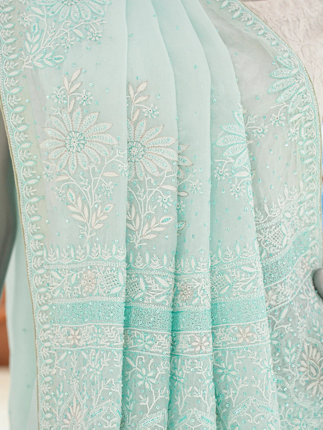 Ada Hand Embroidered Sky Blue Organza Lucknowi Chikankari Saree and Blouse With Cutdana Work 01A628045
