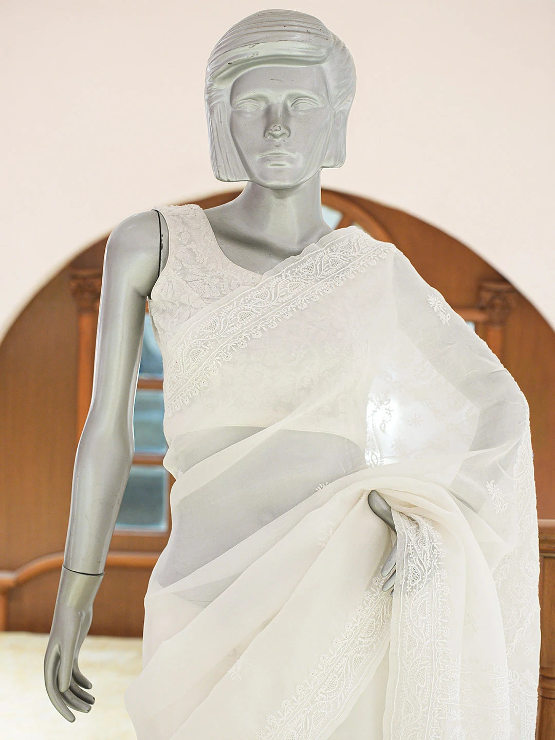Ada Hand Embroidered White Organza Lucknowi Chikankari Saree and Blouse 01A808024