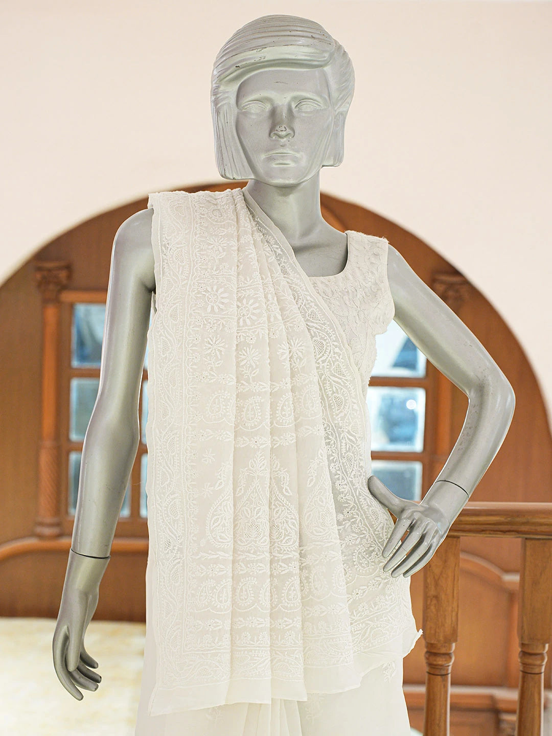 Ada Hand Embroidered White Organza Lucknowi Chikankari Saree and Blouse 01A808024