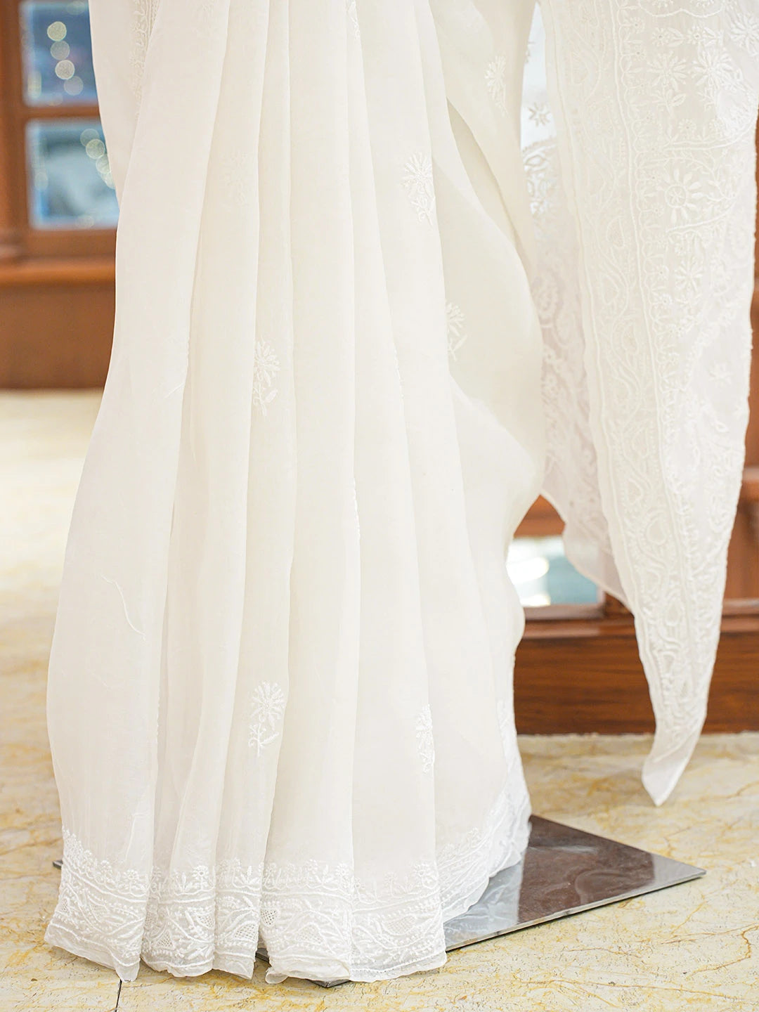 Ada Hand Embroidered White Organza Lucknowi Chikankari Saree and Blouse 01A808024