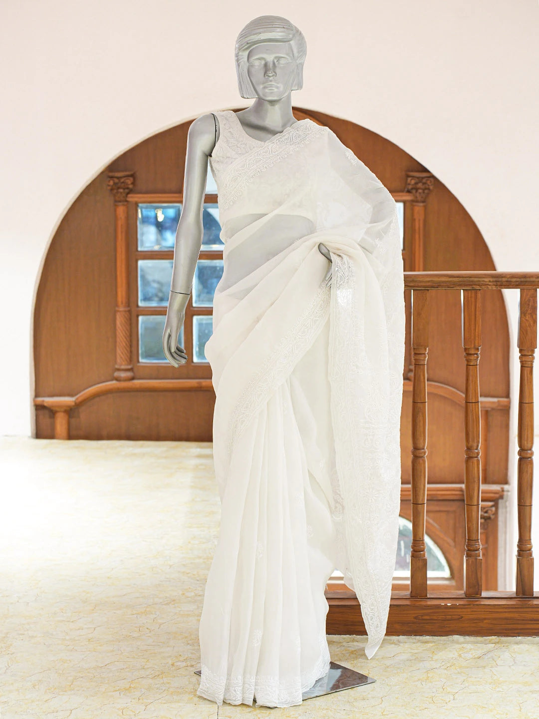 Ada Hand Embroidered White Organza Lucknowi Chikankari Saree and Blouse 01A808024
