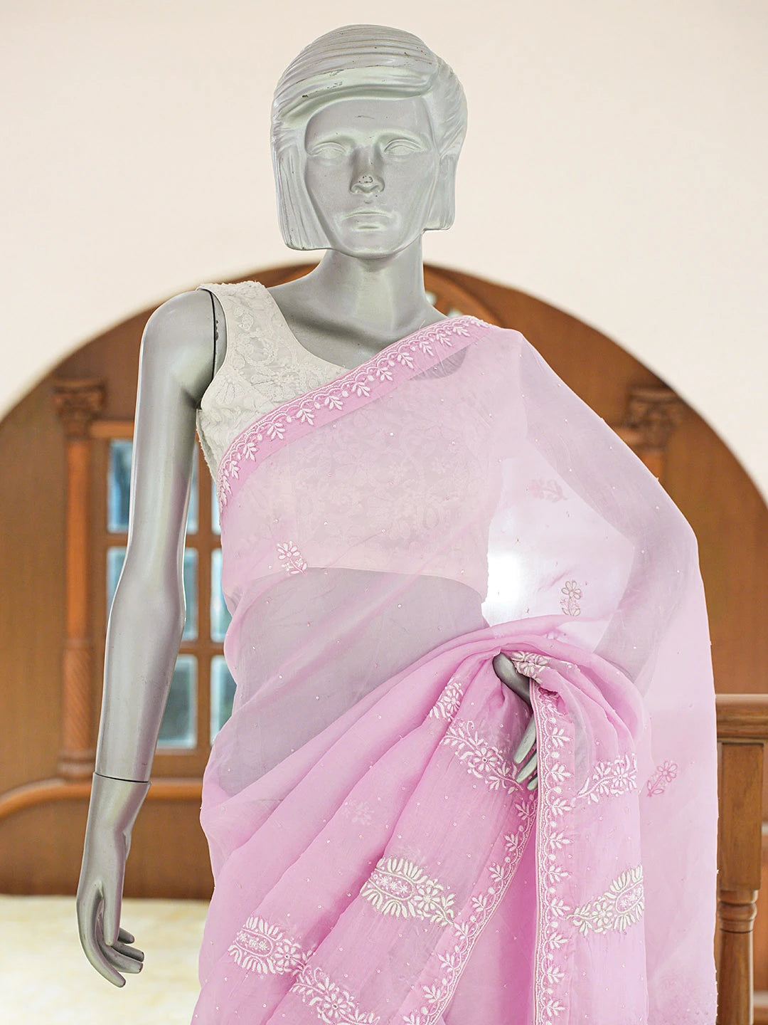 Ada Hand Embroidered Pink Organza Lucknowi Chikankari Saree and Blouse With Cutdana Work 01A719960