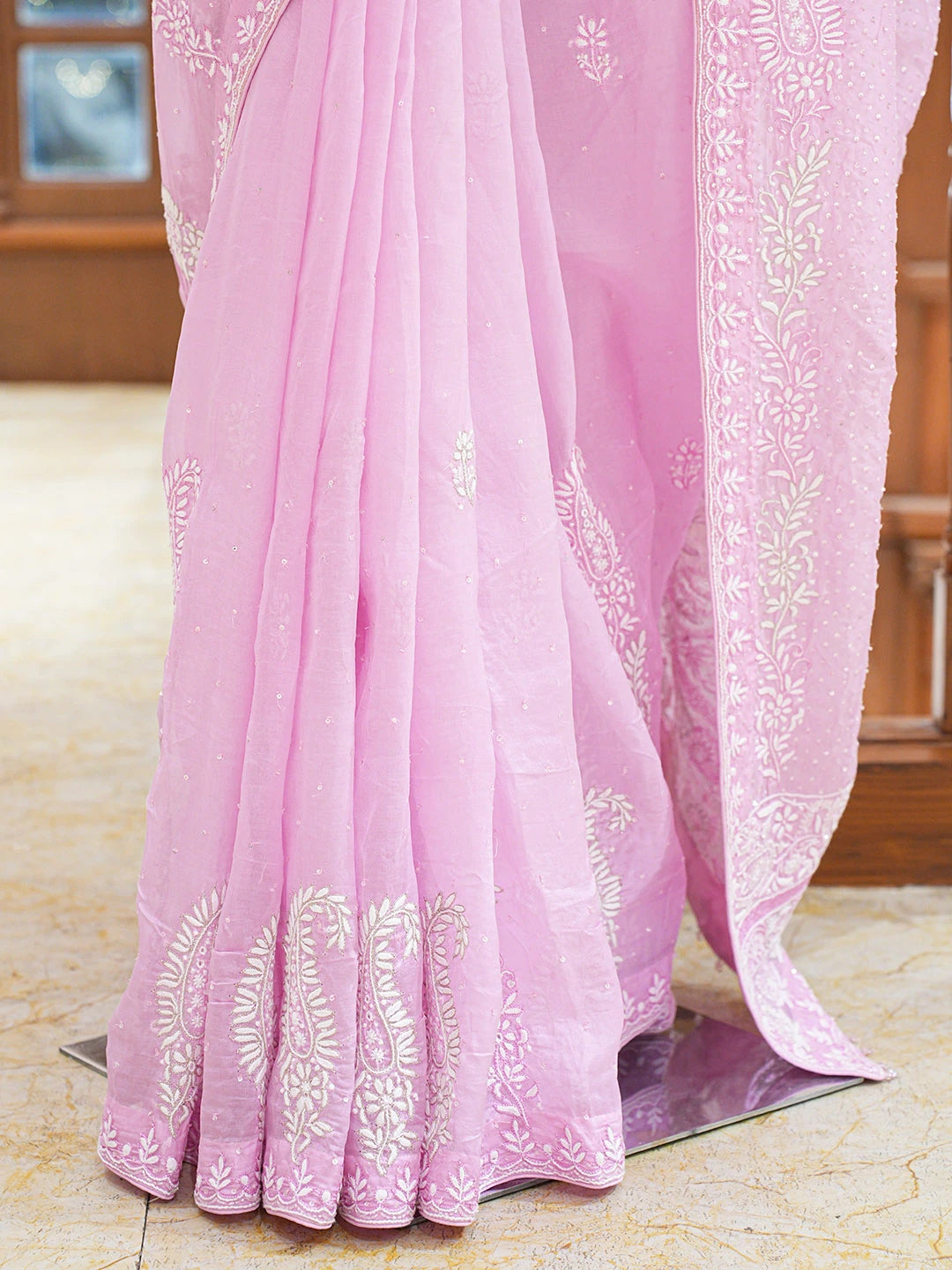 Ada Hand Embroidered Pink Organza Lucknowi Chikankari Saree and Blouse With Cutdana Work 01A719960