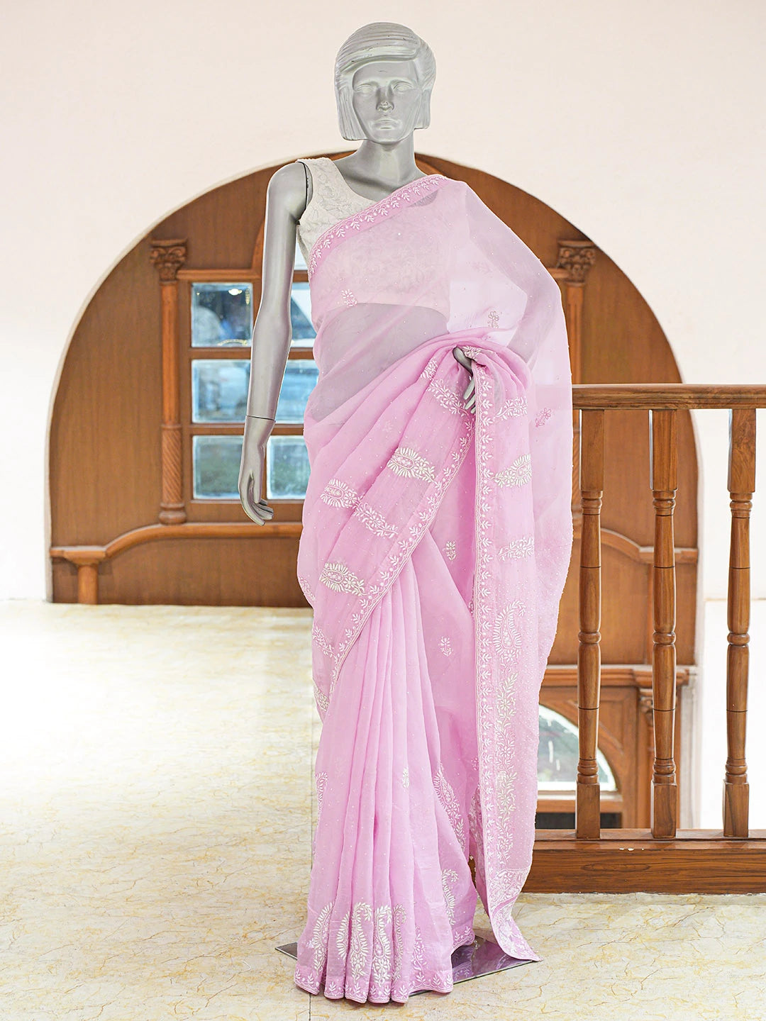 Ada Hand Embroidered Pink Organza Lucknowi Chikankari Saree and Blouse With Cutdana Work 01A719960