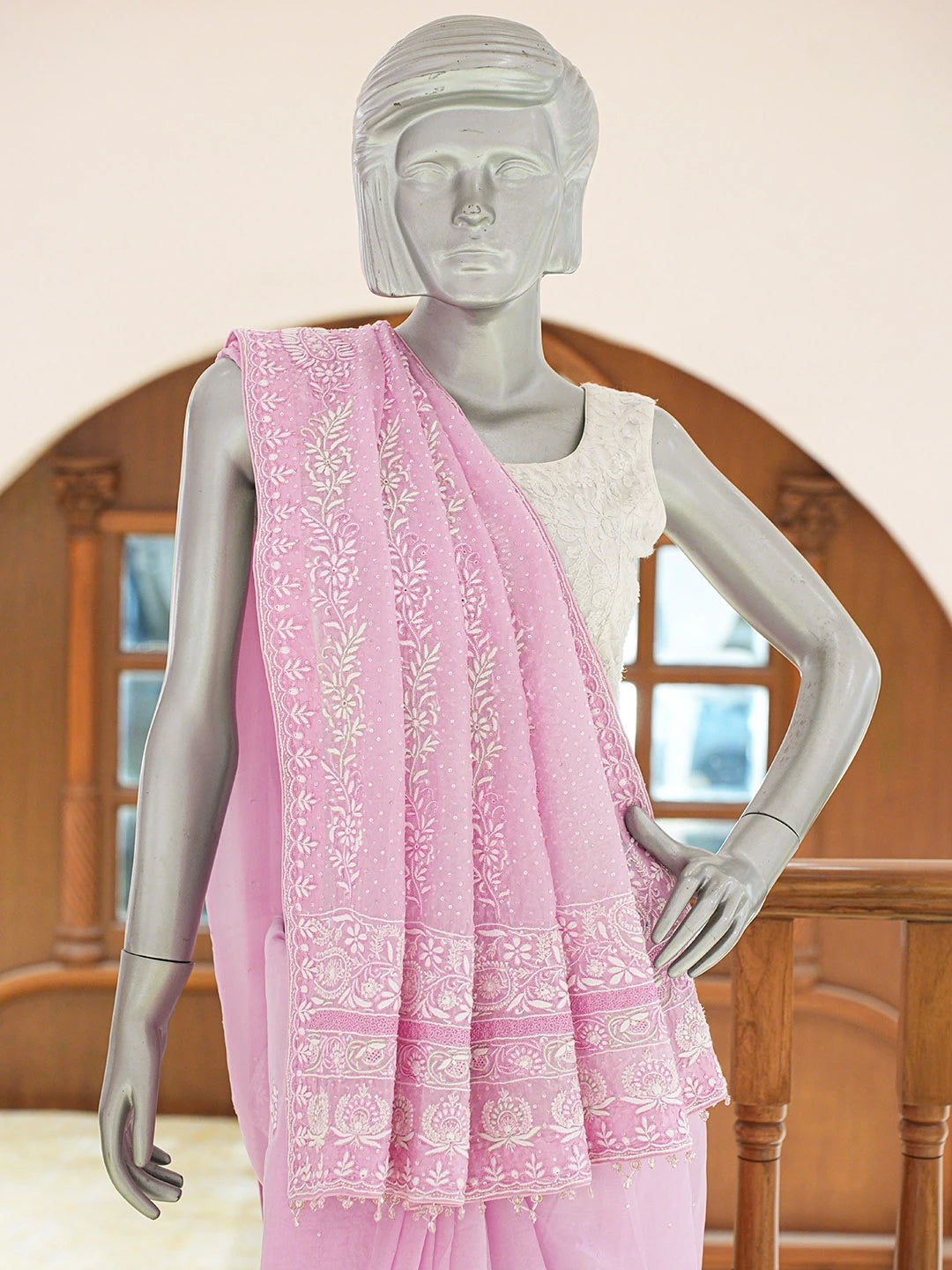 Ada Hand Embroidered Pink Organza Lucknowi Chikankari Saree and Blouse With Cutdana Work 01A719960