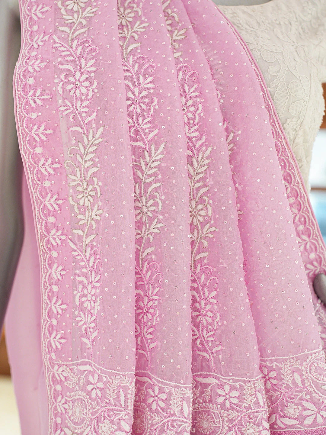 Ada Hand Embroidered Pink Organza Lucknowi Chikankari Saree and Blouse With Cutdana Work 01A719960