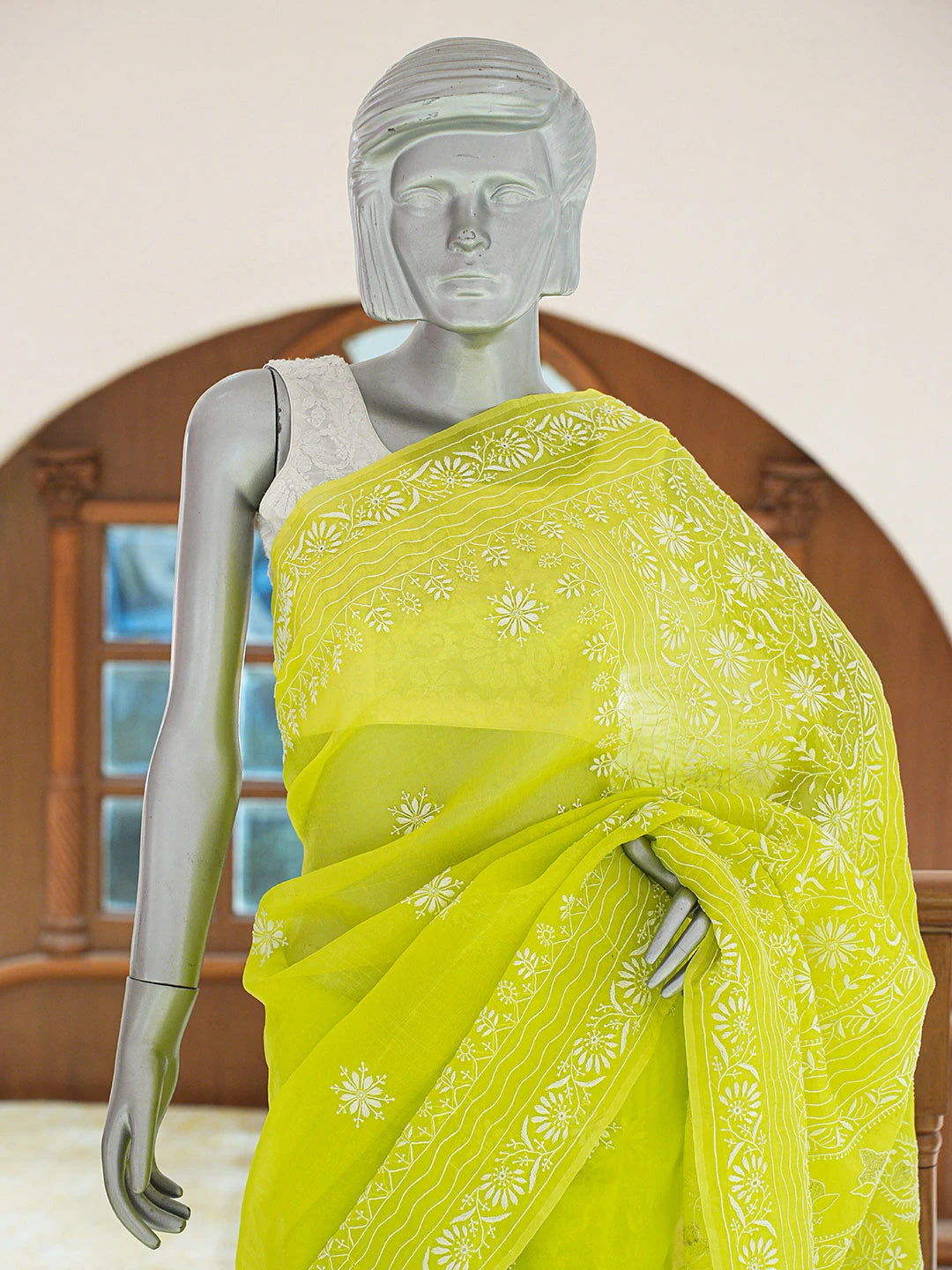 Ada Hand Embroidered Lime Green Organza Lucknowi Chikankari Saree and Blouse 01A705038