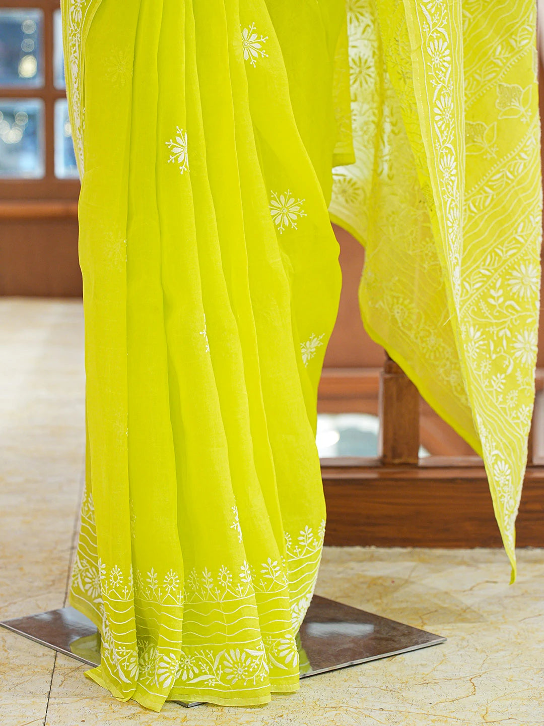 Ada Hand Embroidered Lime Green Organza Lucknowi Chikankari Saree and Blouse 01A705038