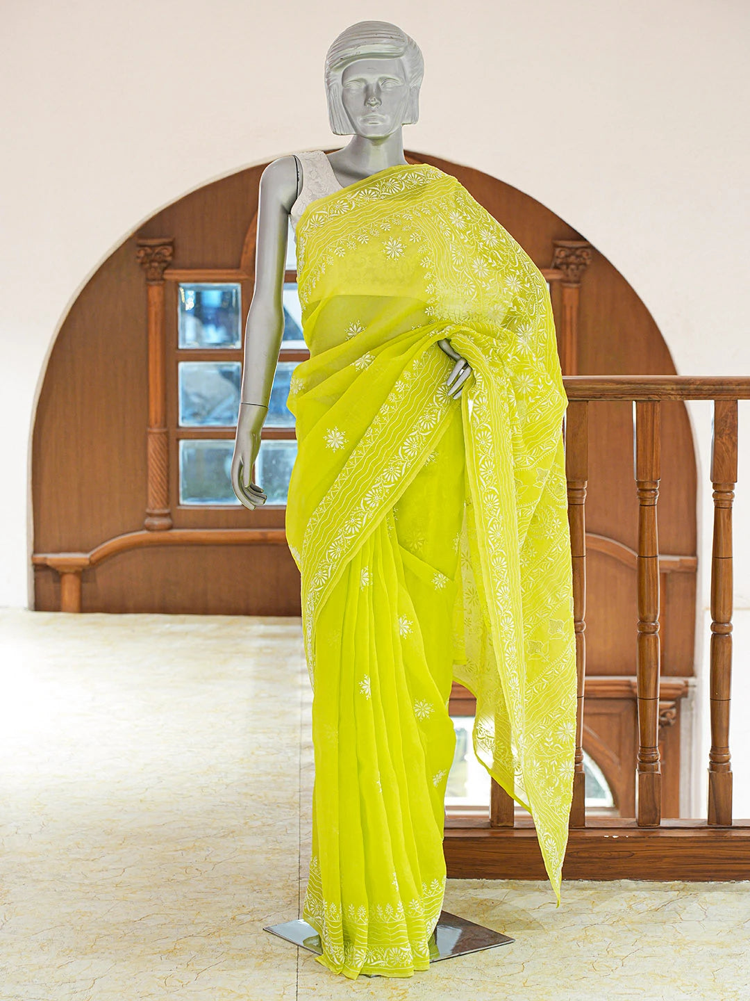 Ada Hand Embroidered Lime Green Organza Lucknowi Chikankari Saree and Blouse 01A705038