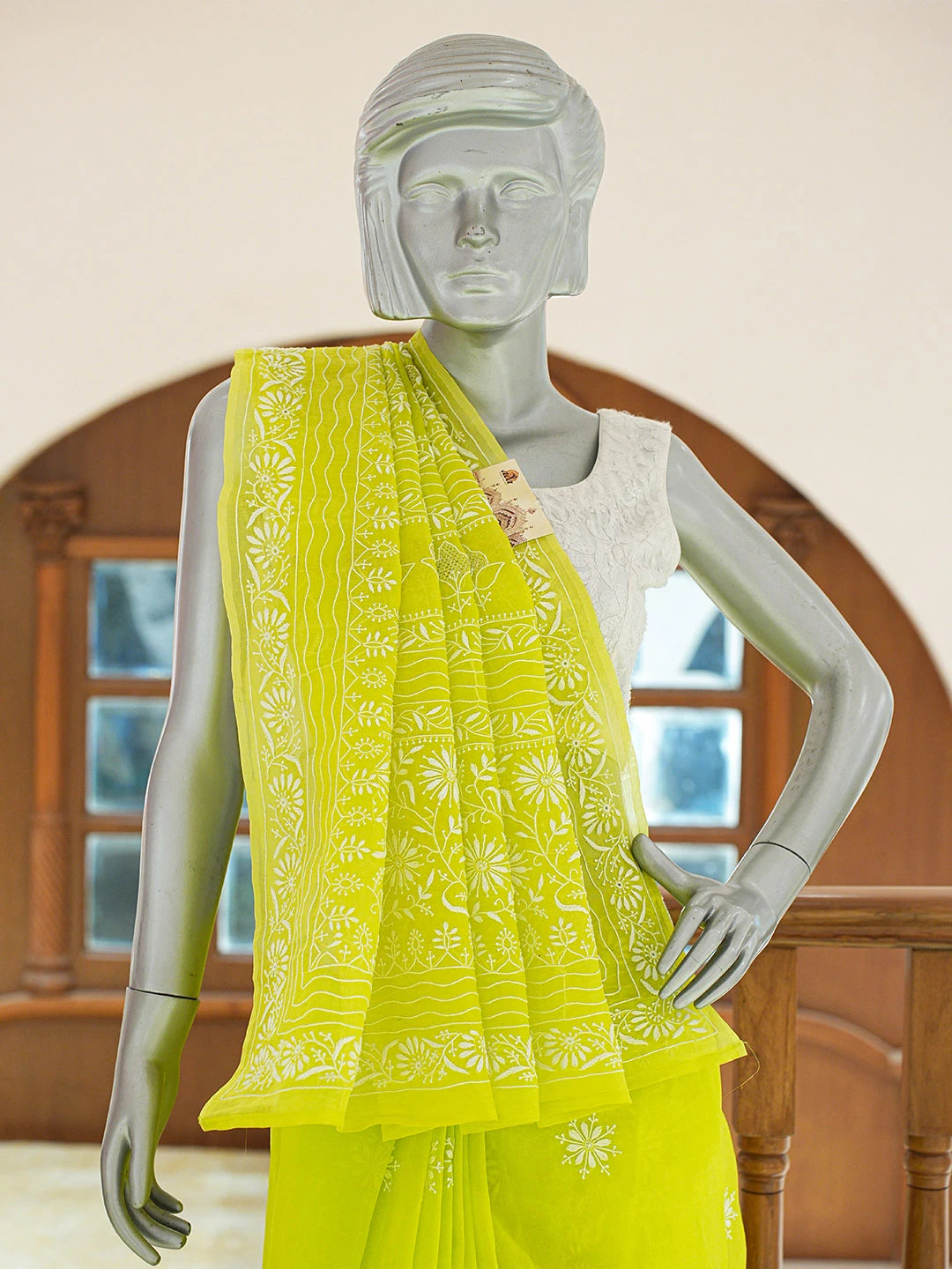 Ada Hand Embroidered Lime Green Organza Lucknowi Chikankari Saree and Blouse 01A705038
