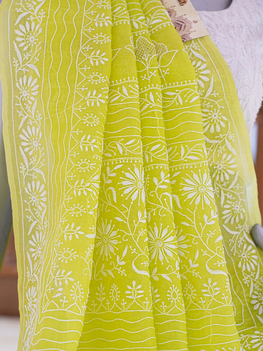 Ada Hand Embroidered Lime Green Organza Lucknowi Chikankari Saree and Blouse 01A705038