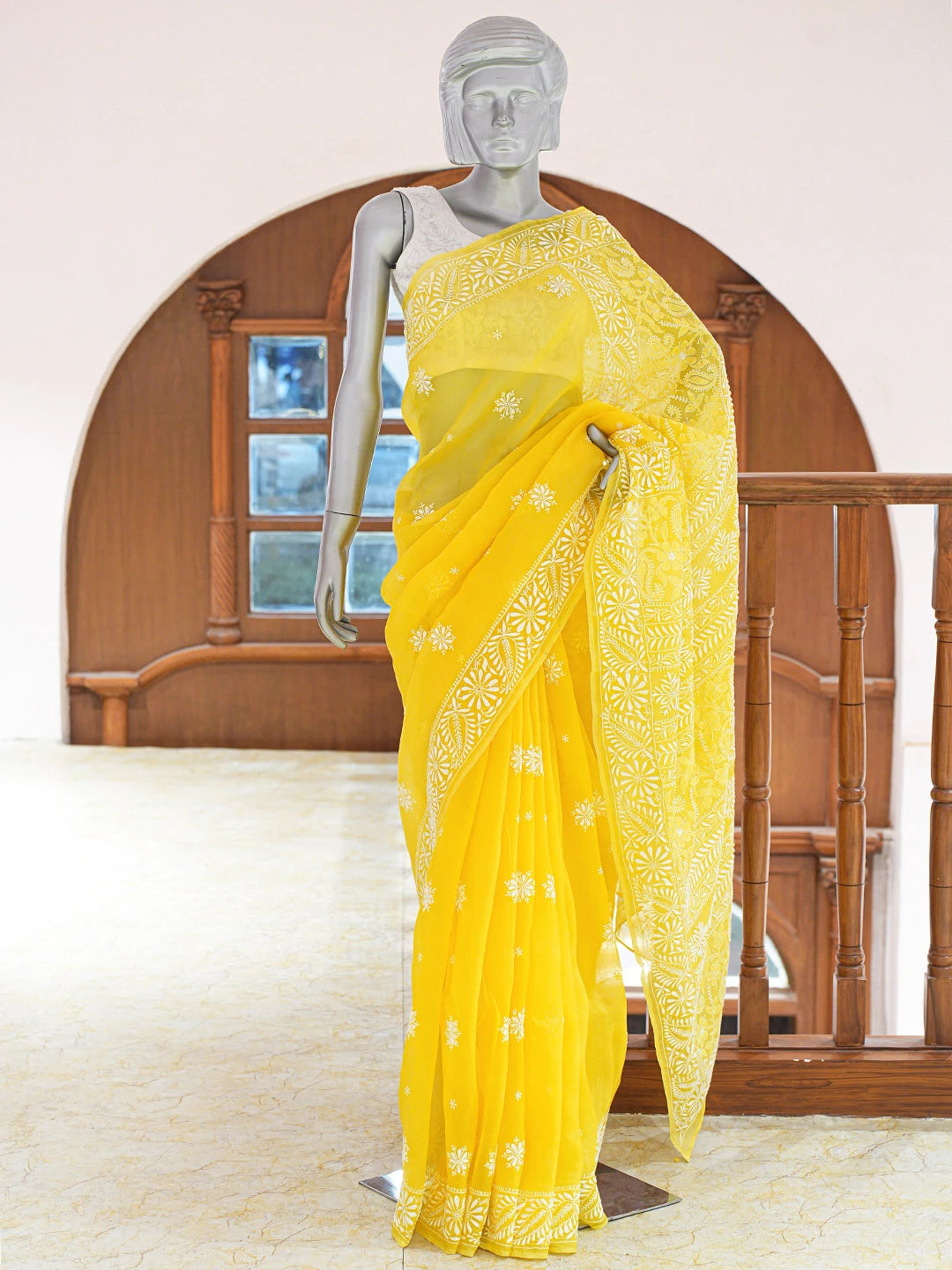 Ada Hand Embroidered Yellow Organza Lucknowi Chikankari Saree and Blouse 01A686994