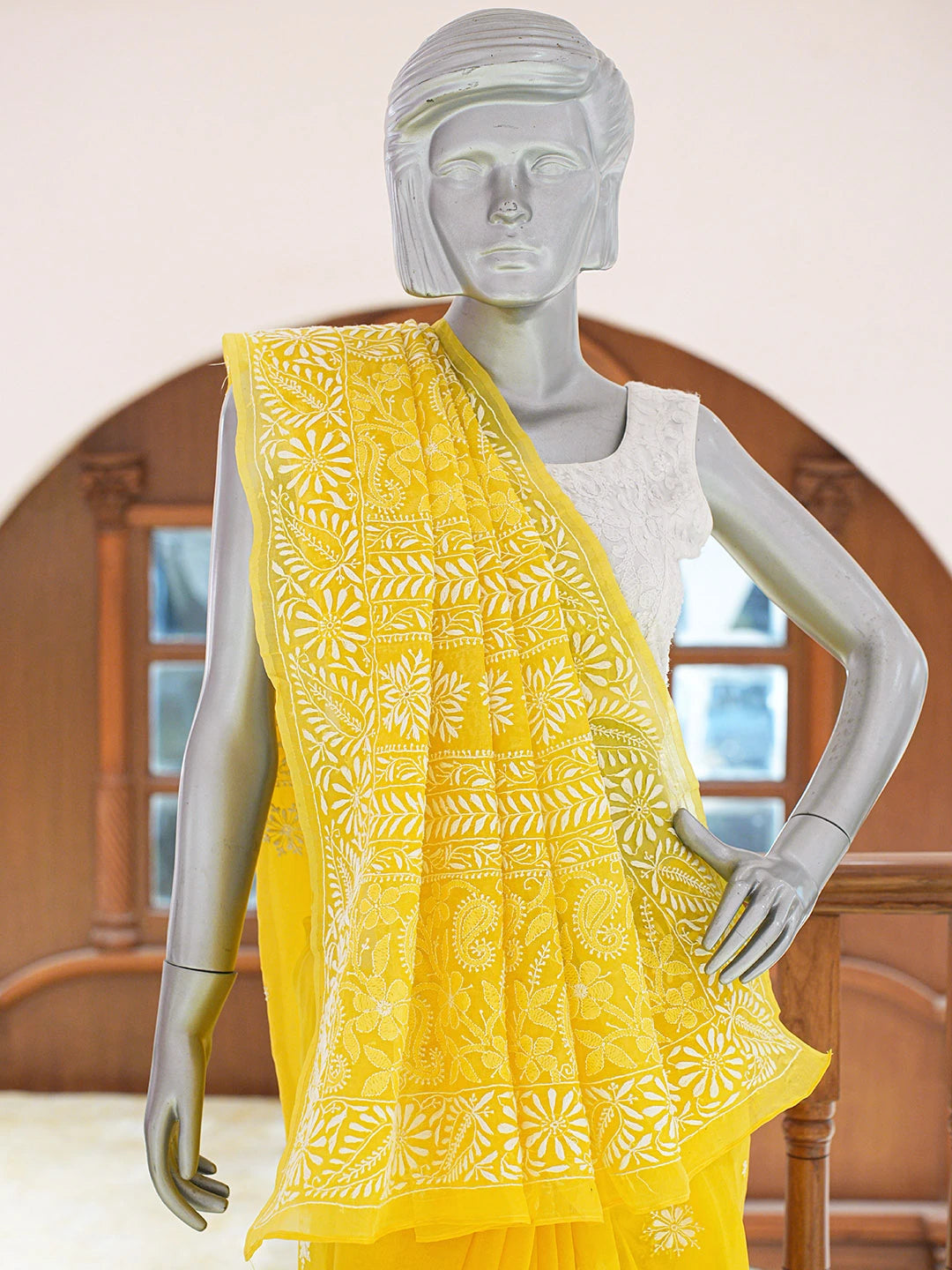 Ada Hand Embroidered Yellow Organza Lucknowi Chikankari Saree and Blouse 01A686994