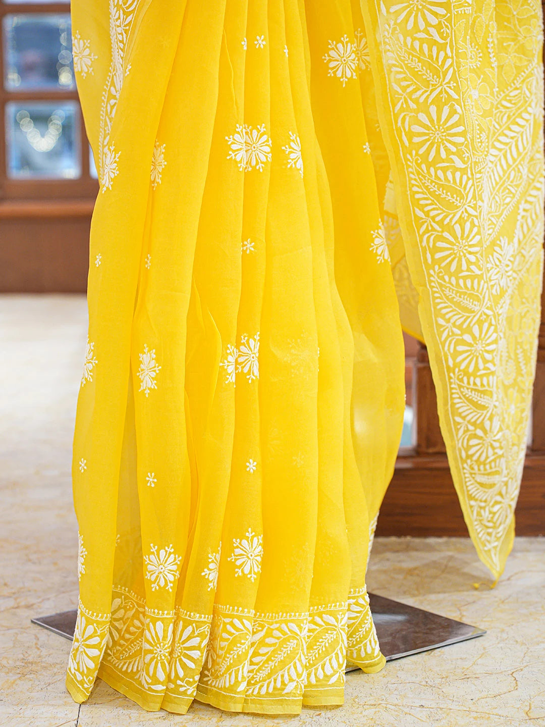 Ada Hand Embroidered Yellow Organza Lucknowi Chikankari Saree and Blouse 01A686994