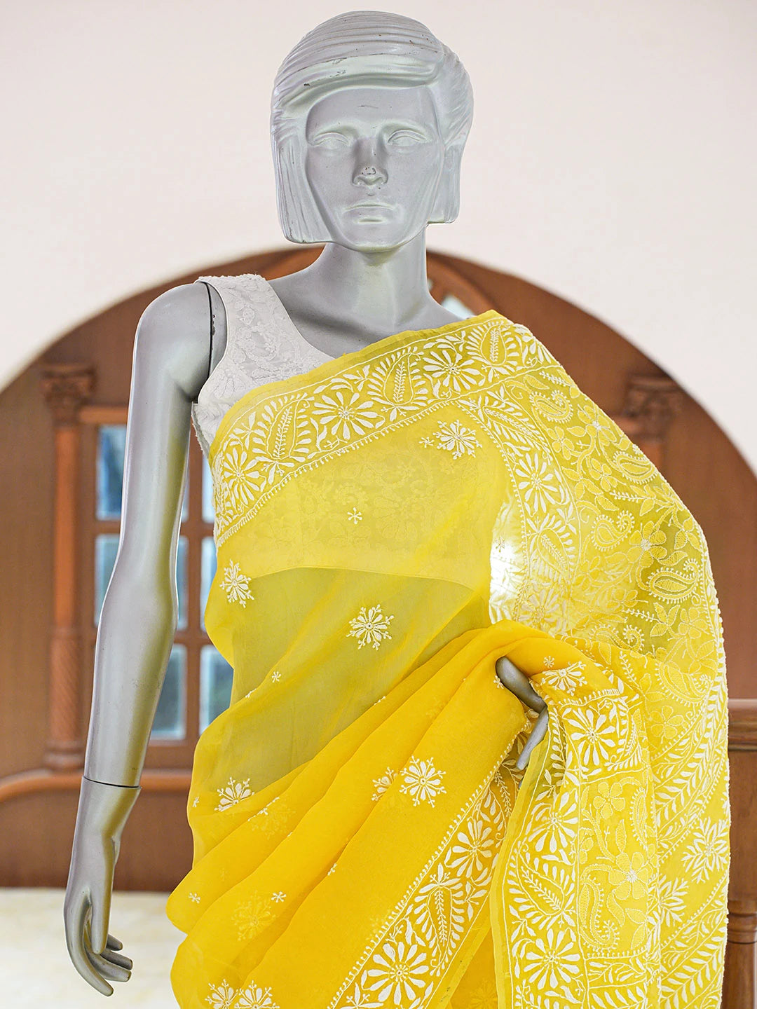 Ada Hand Embroidered Yellow Organza Lucknowi Chikankari Saree and Blouse 01A686994