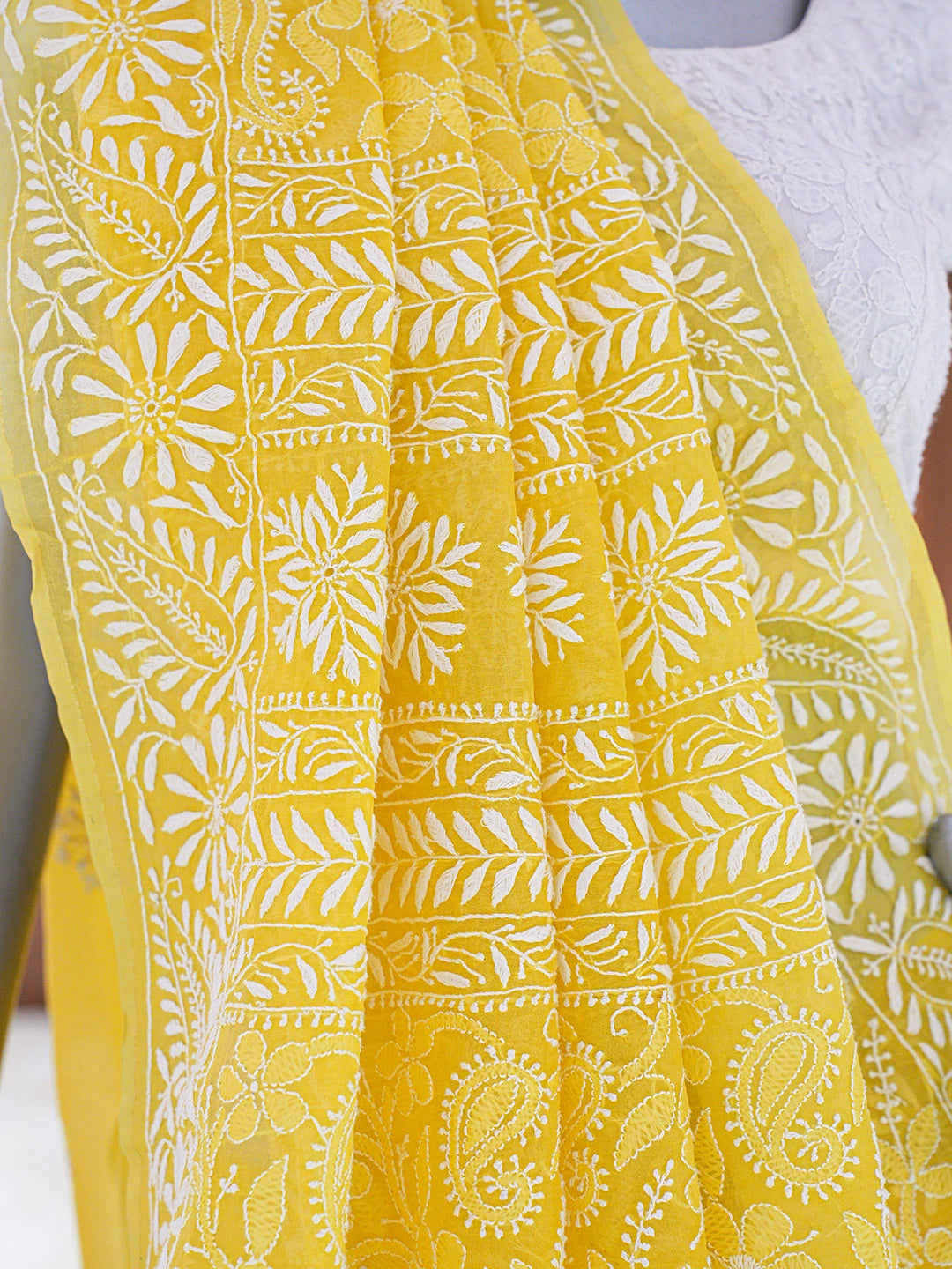 Ada Hand Embroidered Yellow Organza Lucknowi Chikankari Saree and Blouse 01A686994