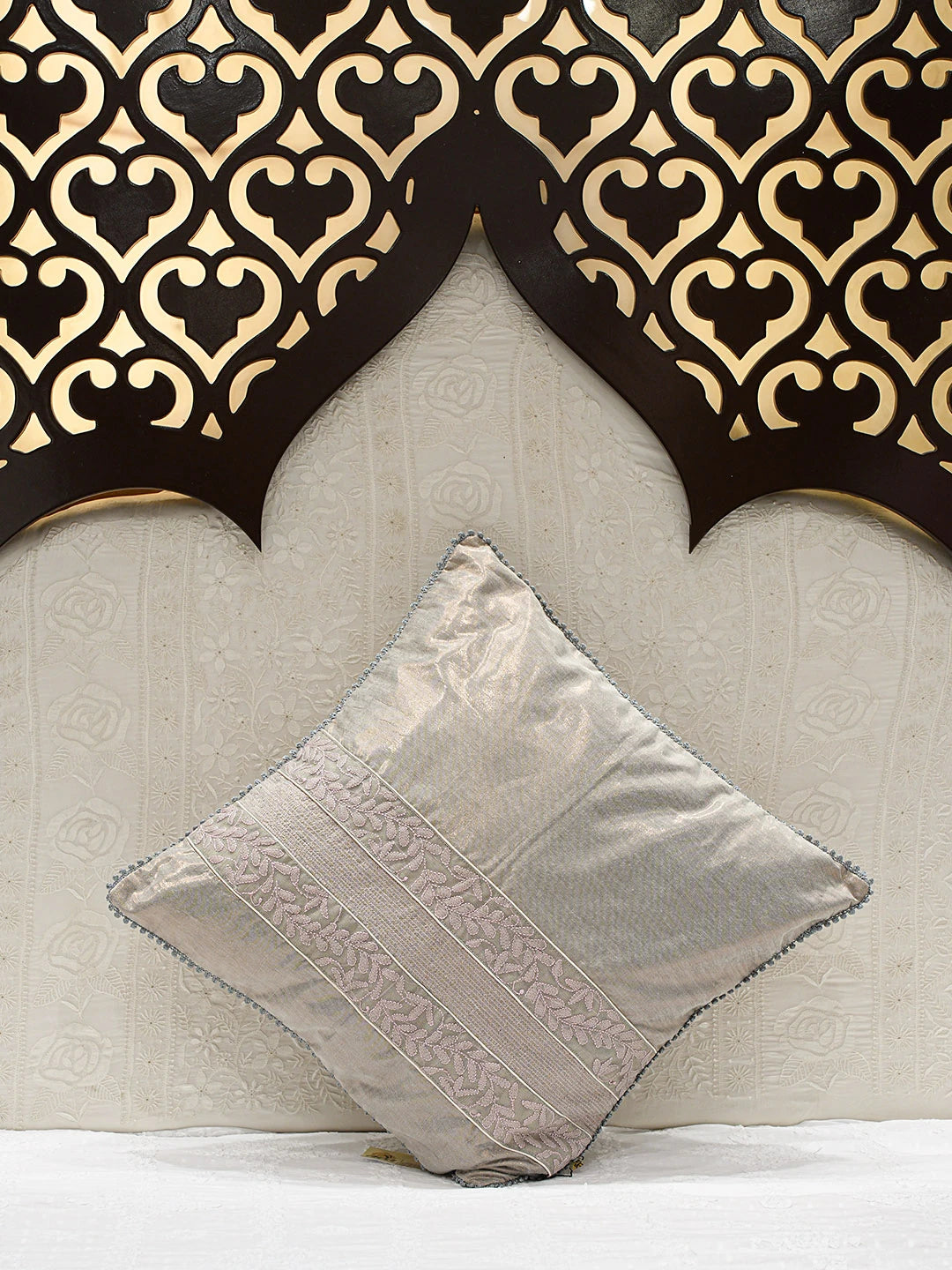 Ada Hand Embroidered Grey Silk Lucknowi Chikankari Cushion Cover 01A143697