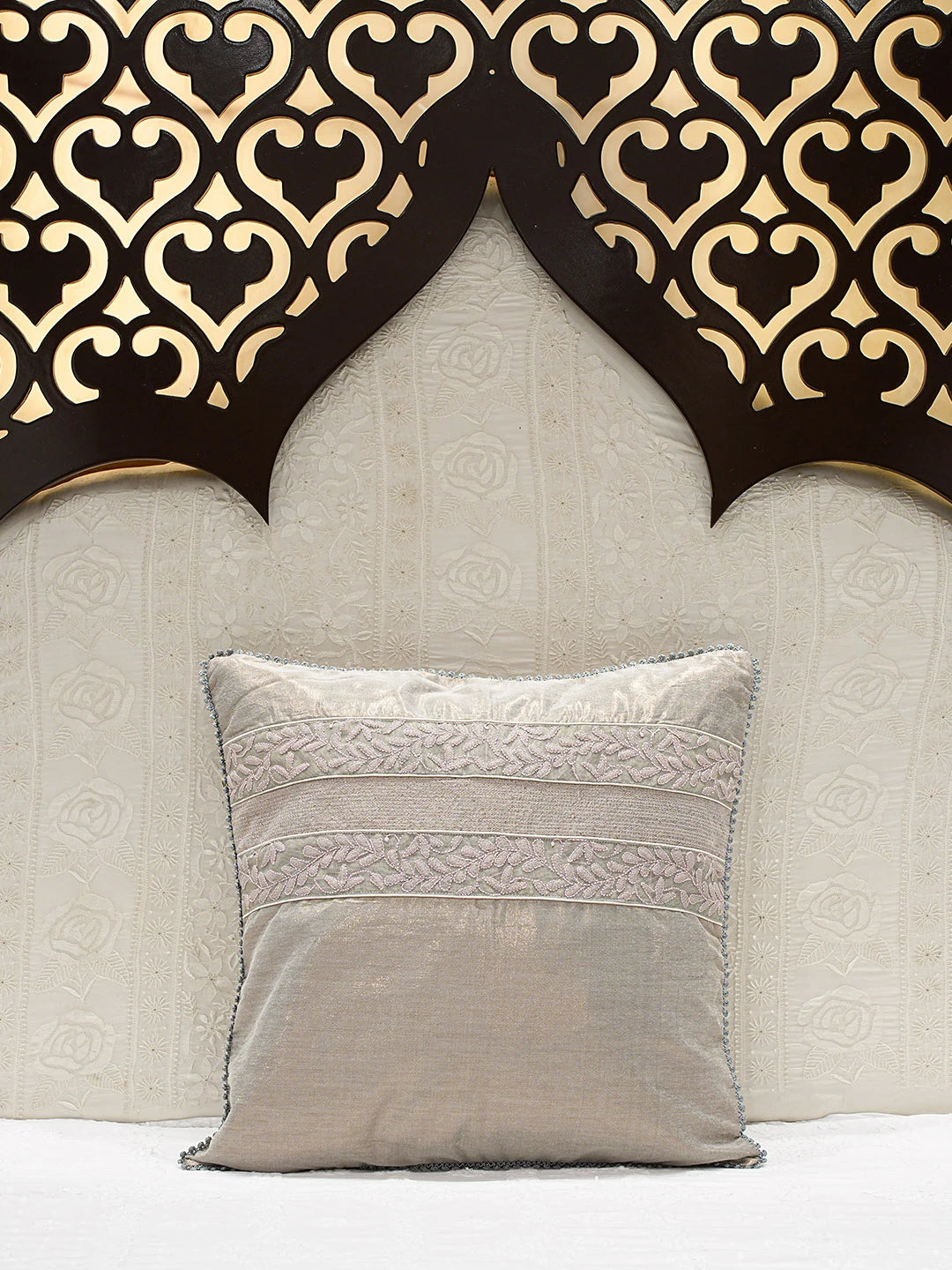 Ada Hand Embroidered Grey Silk Lucknowi Chikankari Cushion Cover 01A143697