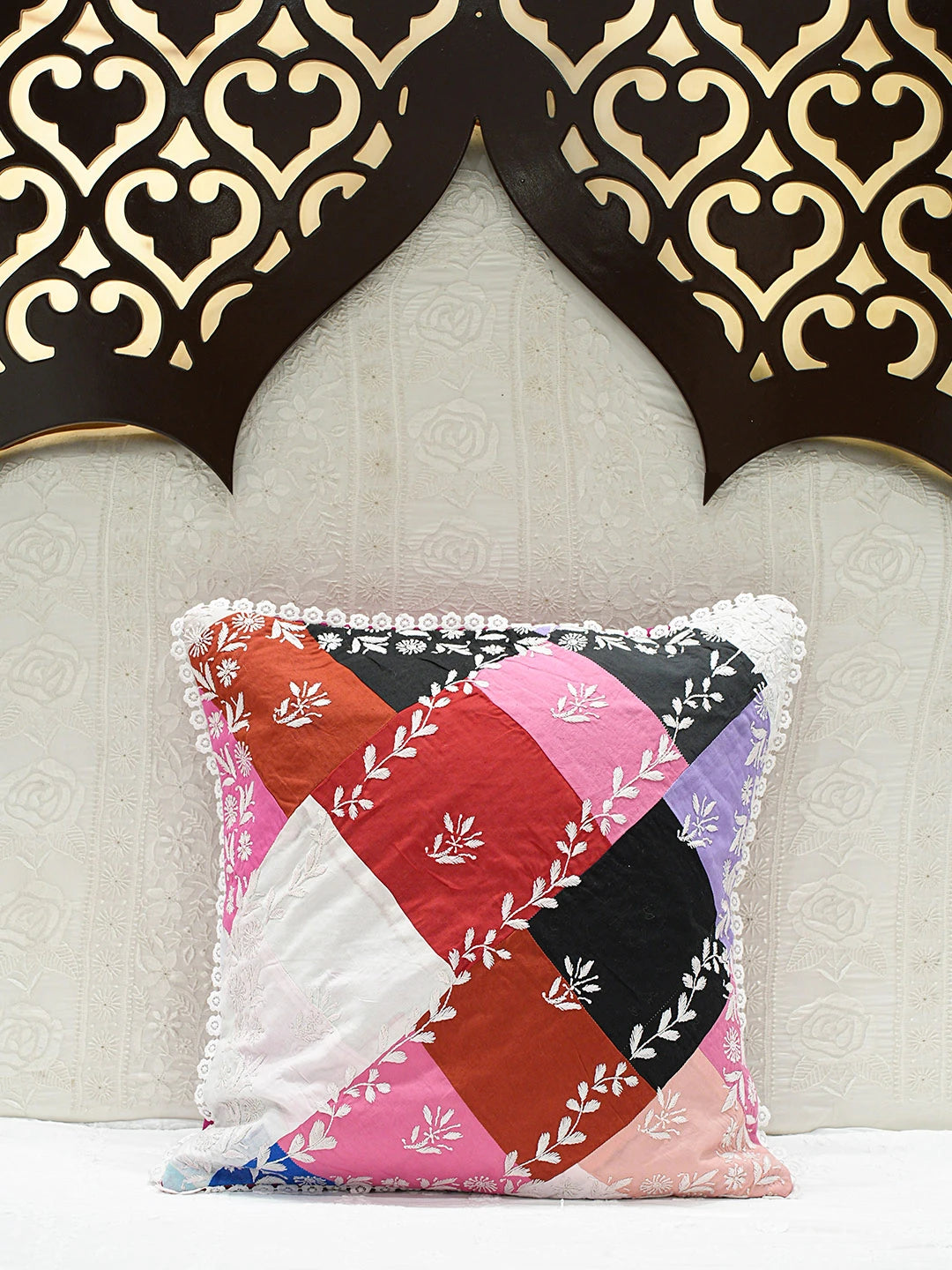 Ada Hand Embroidered Multicolor Cotton Lucknowi Chikankari Cushion Cover 01A772016