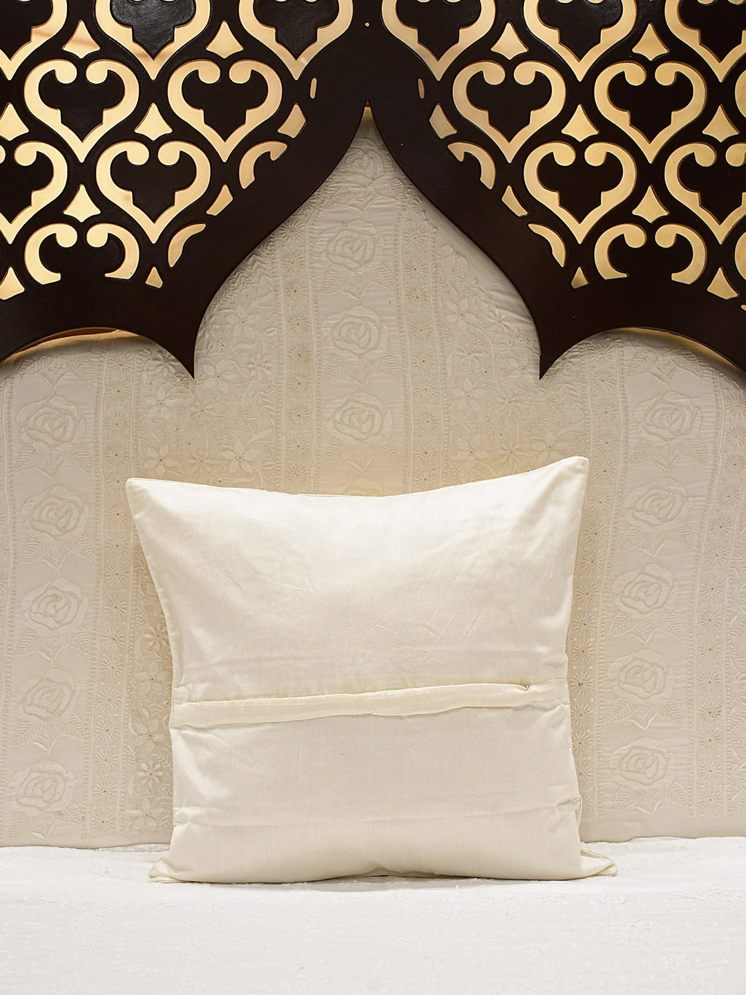 Ada Hand Embroidered White Cotton Silk Lucknowi Chikankari Cushion Cover With Mukaish Work 01A766604