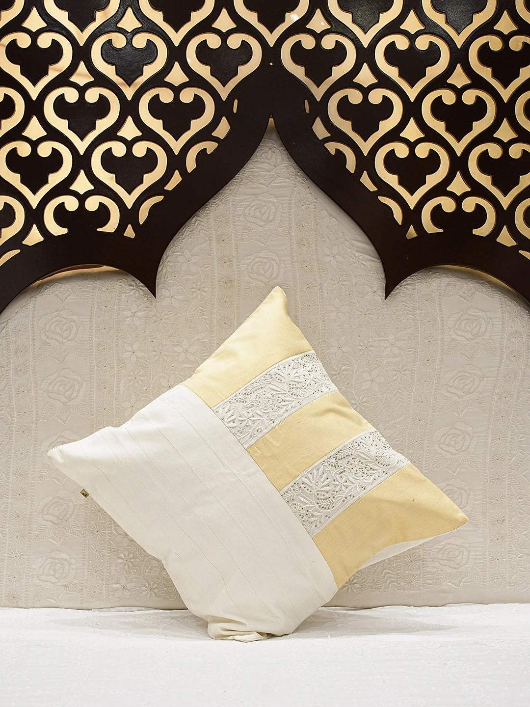 Ada Hand Embroidered White Cotton Silk Lucknowi Chikankari Cushion Cover With Mukaish Work 01A766604