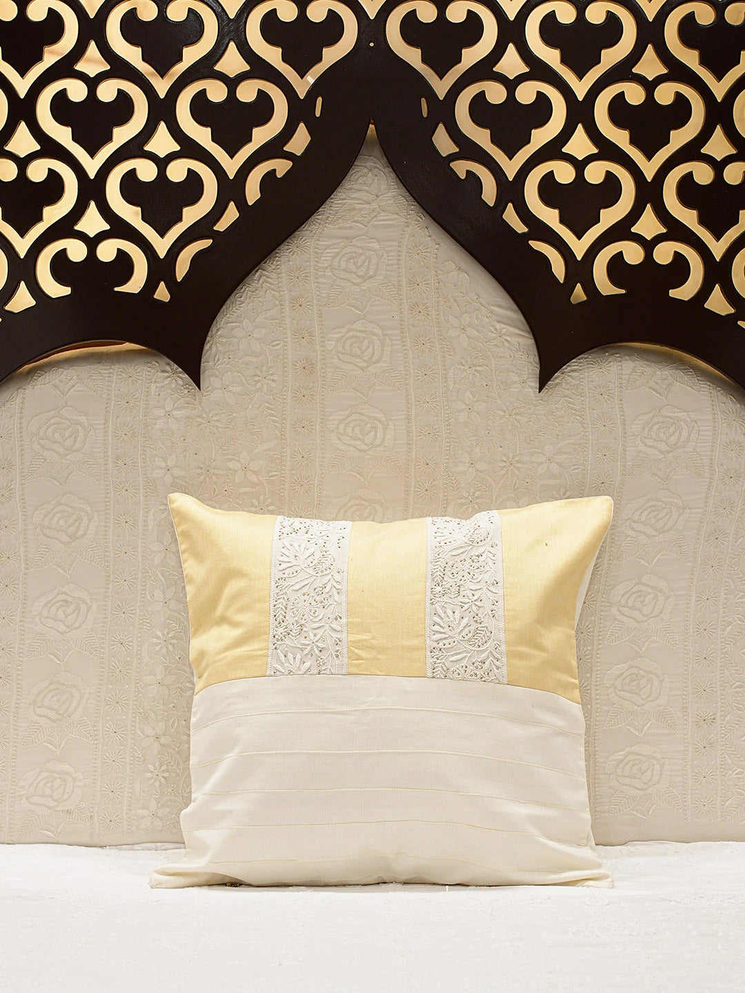 Ada Hand Embroidered White Cotton Silk Lucknowi Chikankari Cushion Cover With Mukaish Work 01A766604