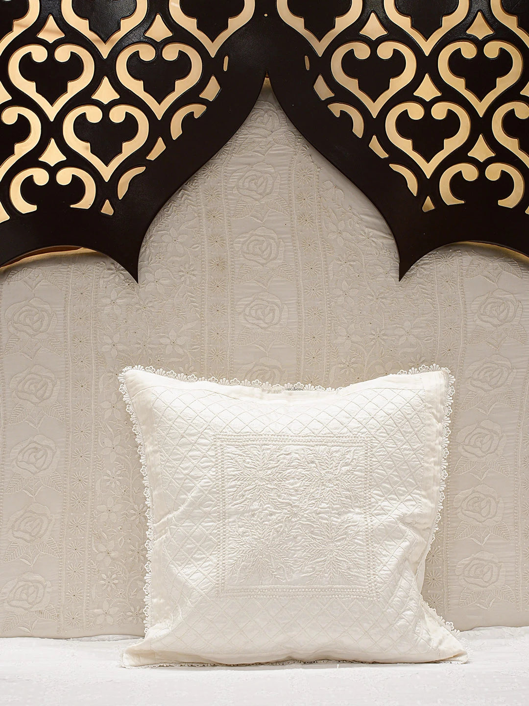 Ada Hand Embroidered White Silk Lucknowi Chikankari Cushion Cover 08A503313