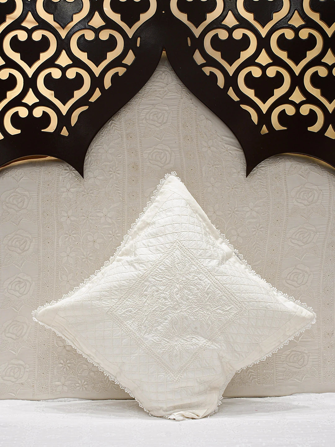 Ada Hand Embroidered White Silk Lucknowi Chikankari Cushion Cover 08A503313