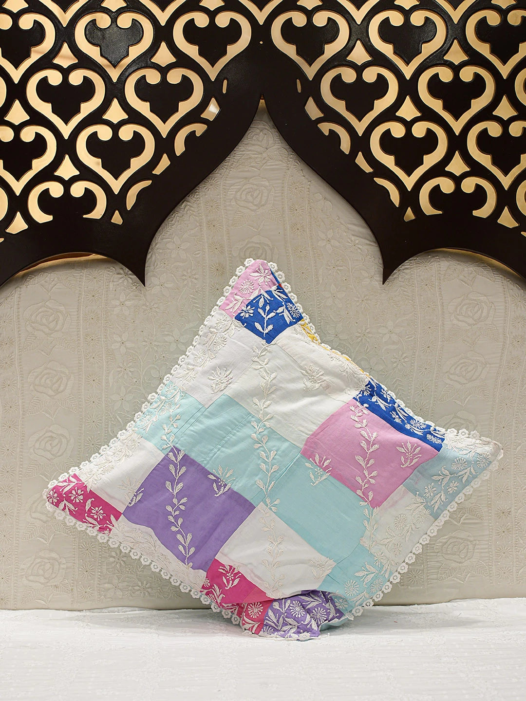 Ada Hand Embroidered Multicolor Cotton Lucknowi Chikankari Cushion Cover 01A772012