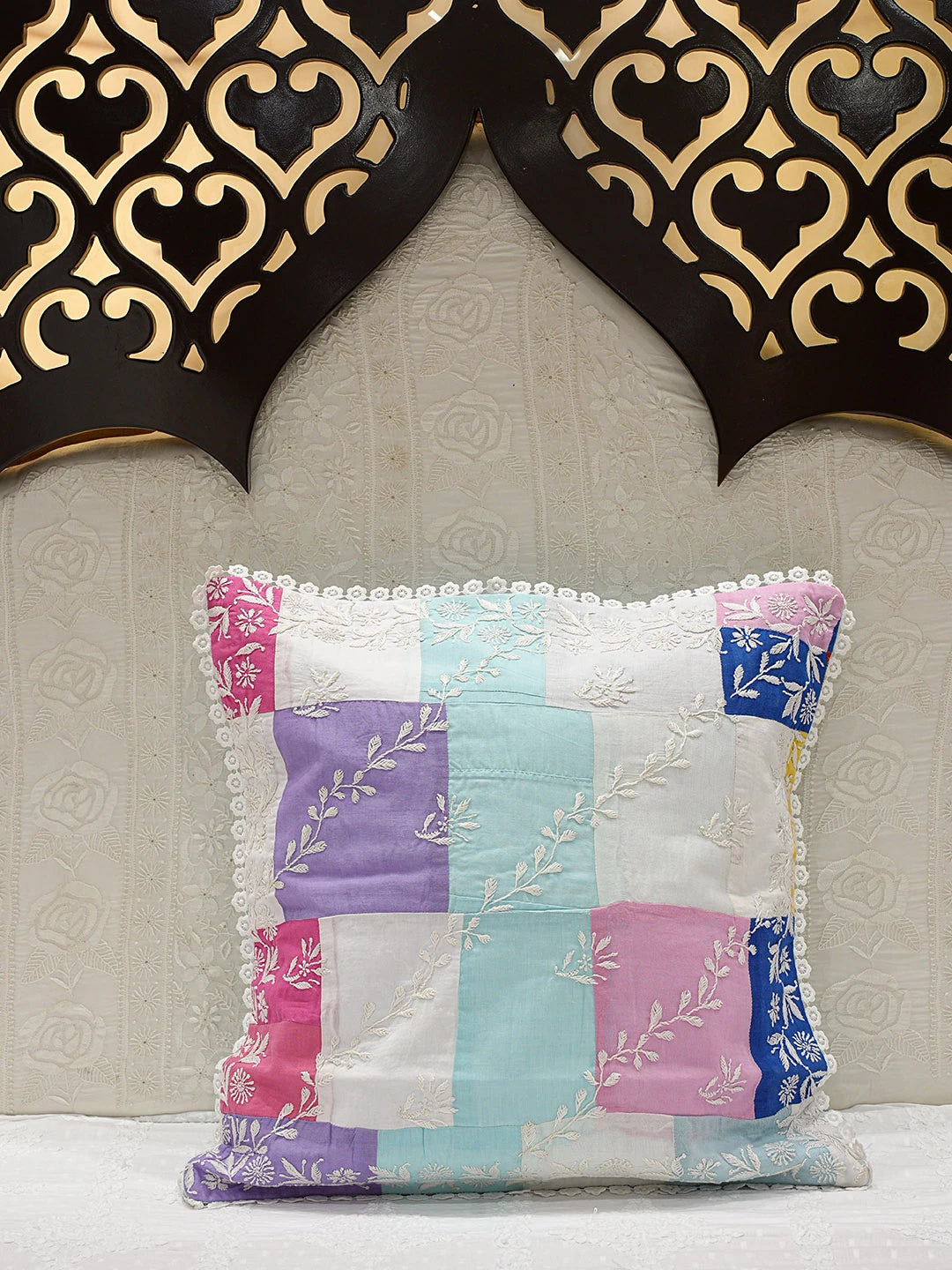 Ada Hand Embroidered Multicolor Cotton Lucknowi Chikankari Cushion Cover 01A772012