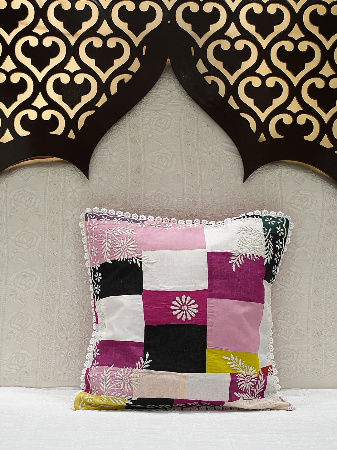 Ada Hand Embroidered Multicolor Cotton Lucknowi Chikankari Cushion Cover 01A795002