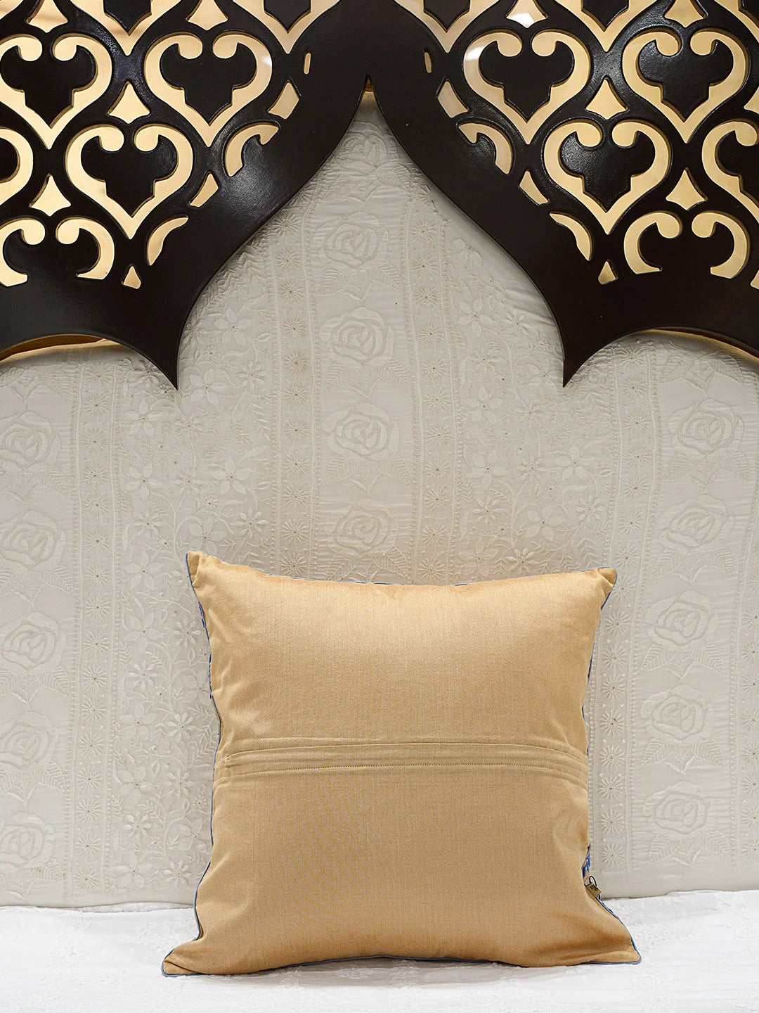 Ada Hand Embroidered Fawn Silk Lucknowi Chikankari Cushion Cover With Cutdana Work 01A139450