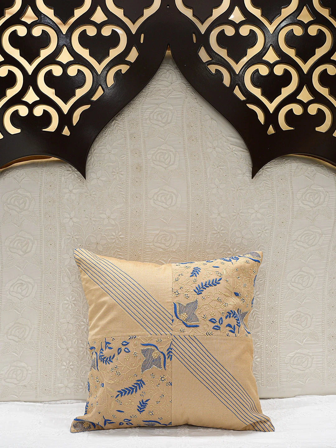 Ada Hand Embroidered Fawn Silk Lucknowi Chikankari Cushion Cover With Cutdana Work 01A139450