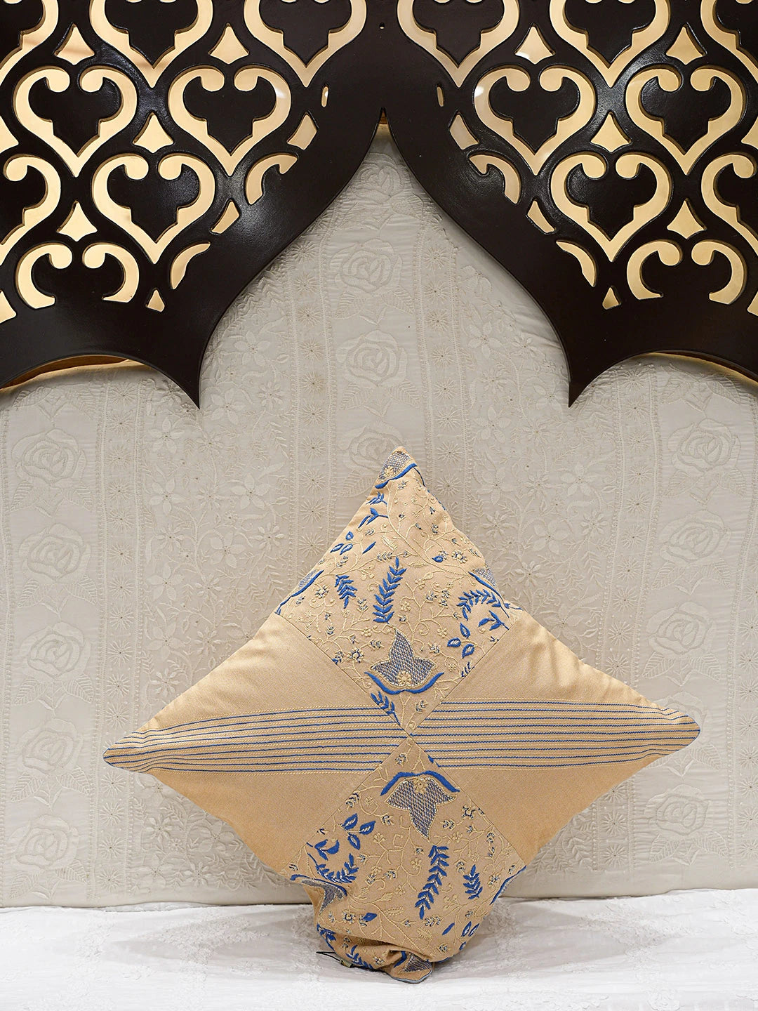 Ada Hand Embroidered Fawn Silk Lucknowi Chikankari Cushion Cover With Cutdana Work 01A139450