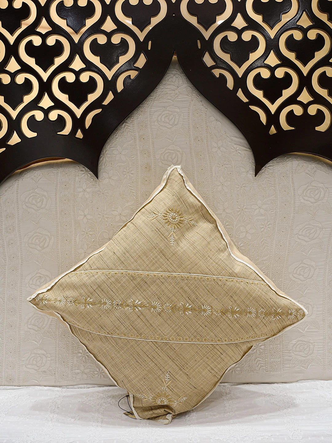 Ada Hand Embroidered Fawn Silk Lucknowi Chikankari Cushion Cover 01A104901