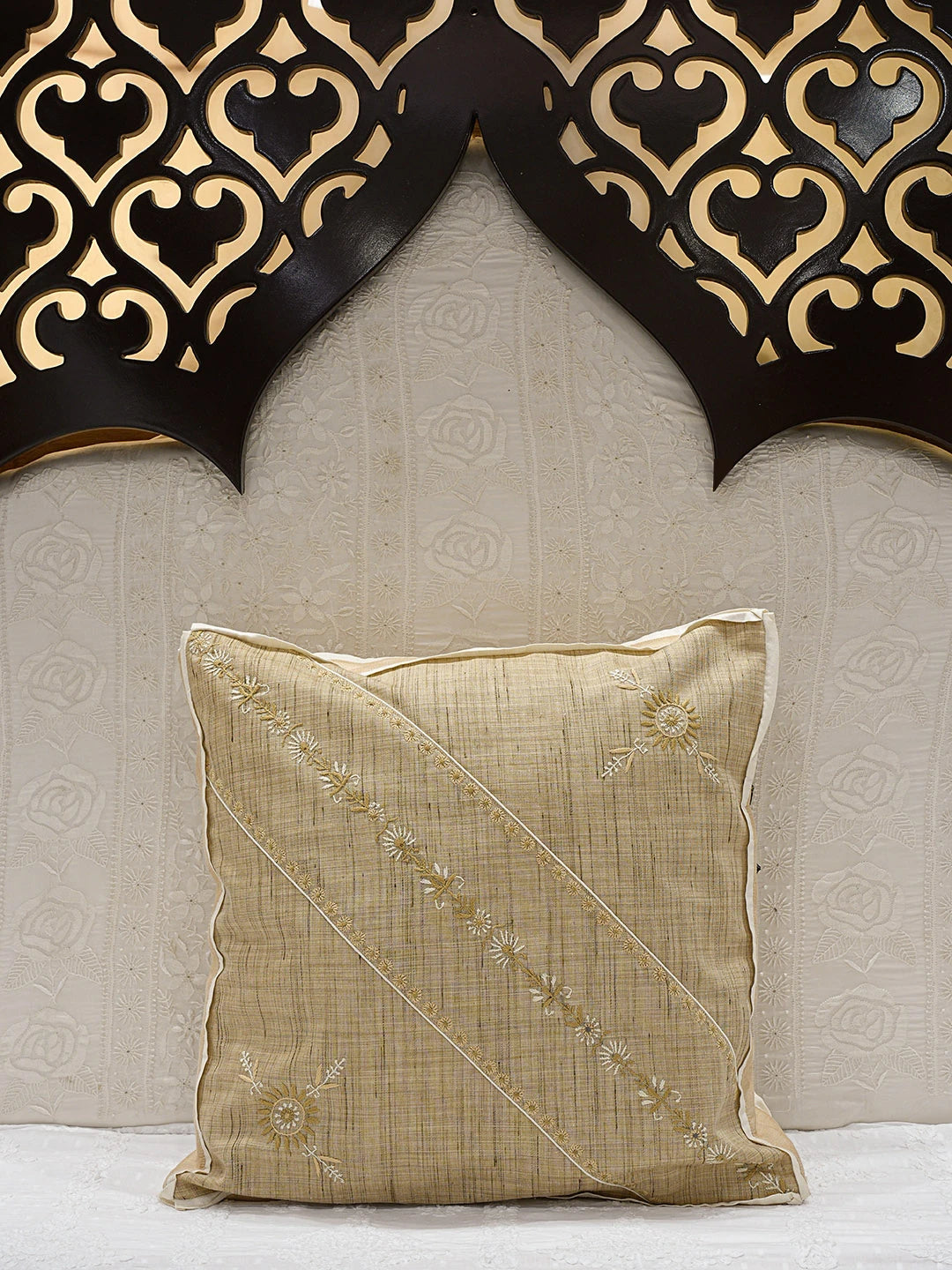Ada Hand Embroidered Fawn Silk Lucknowi Chikankari Cushion Cover 01A104901
