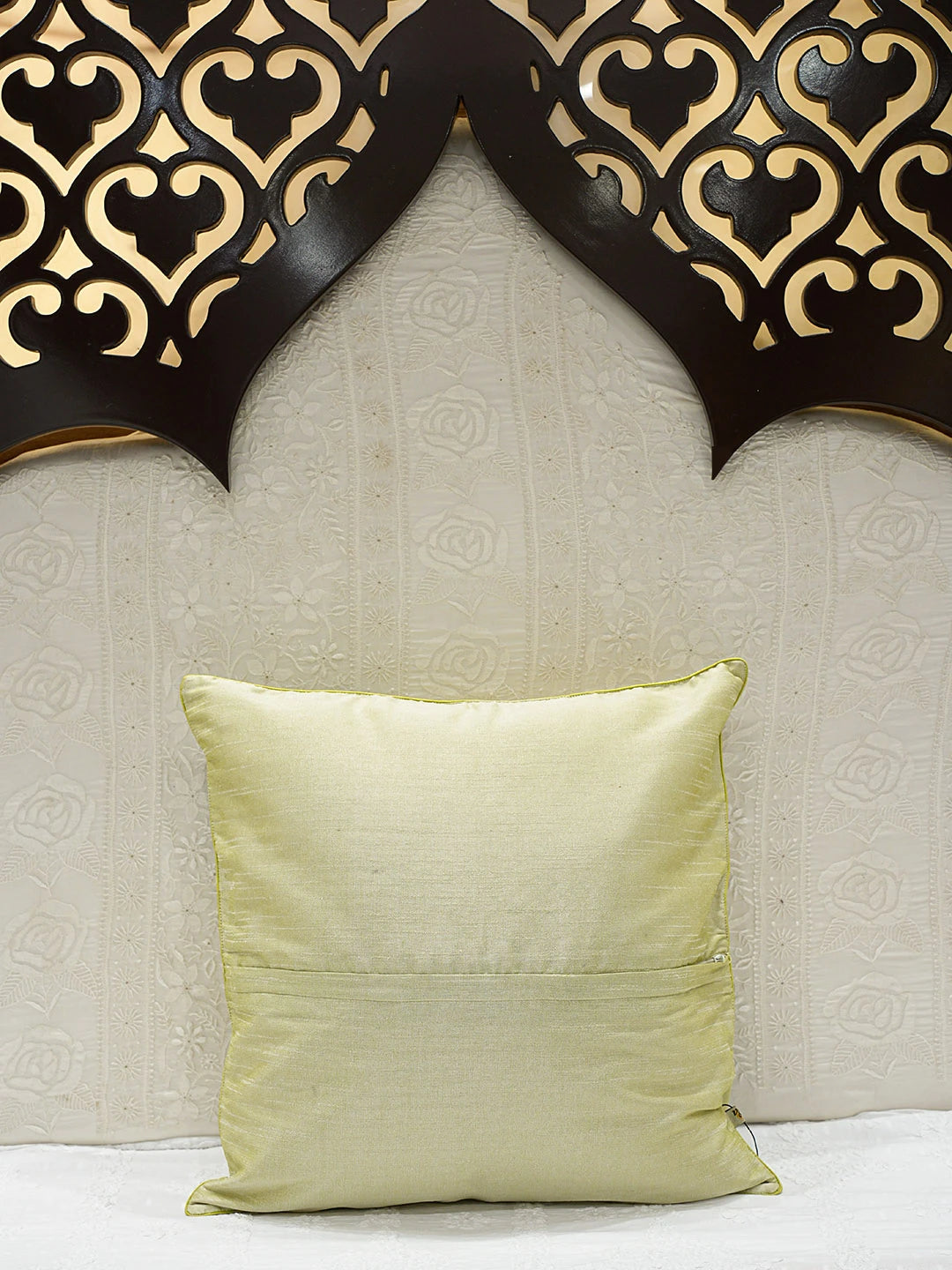 Ada Hand Embroidered Pistachio Green Silk Lucknowi Chikankari Cushion Cover 01A108032