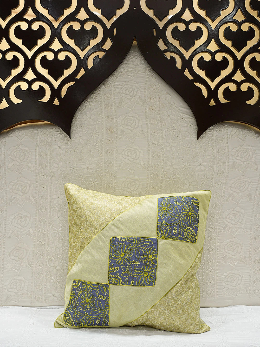 Ada Hand Embroidered Pistachio Green Silk Lucknowi Chikankari Cushion Cover 01A108032