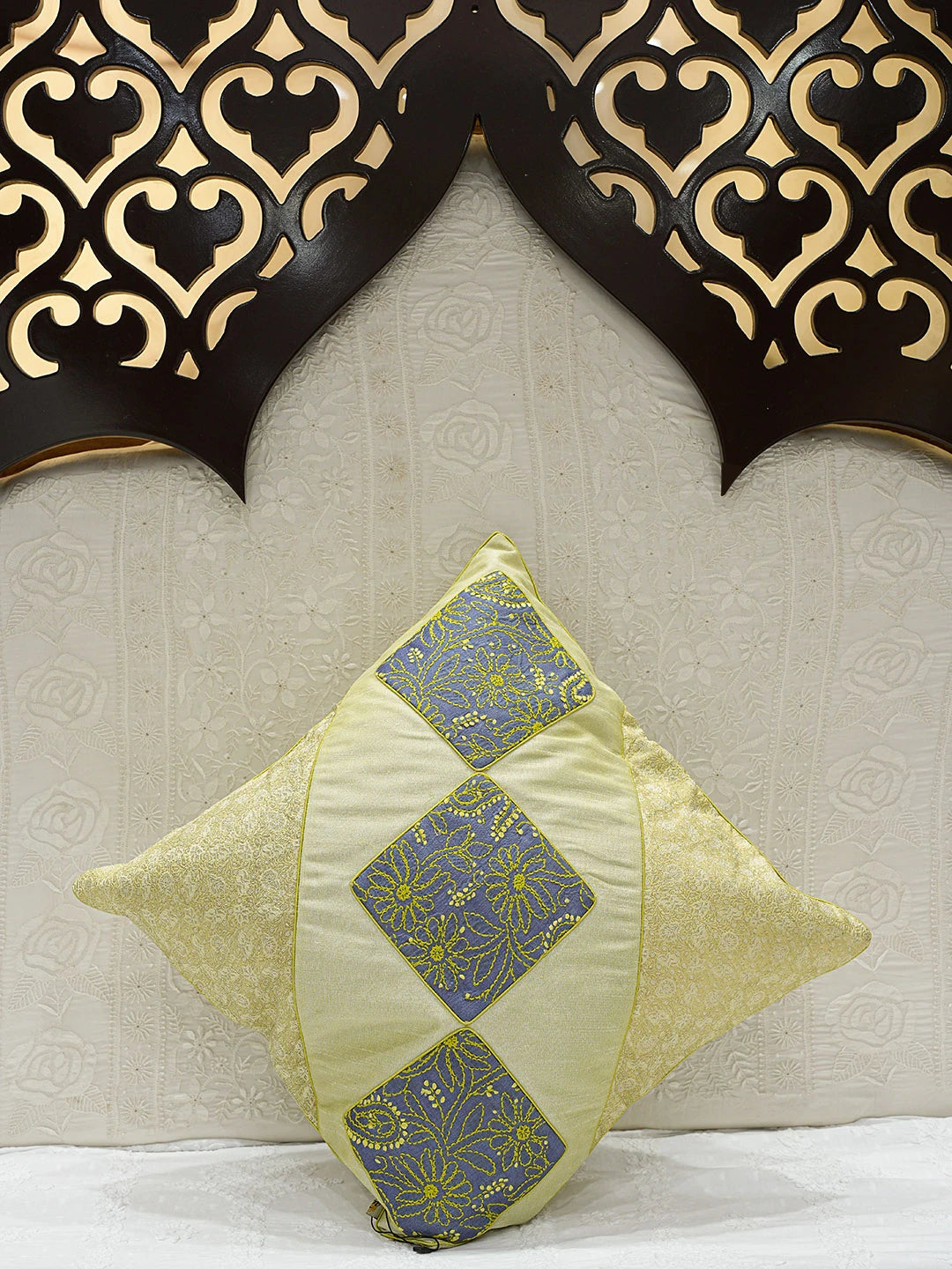 Ada Hand Embroidered Pistachio Green Silk Lucknowi Chikankari Cushion Cover 01A108032