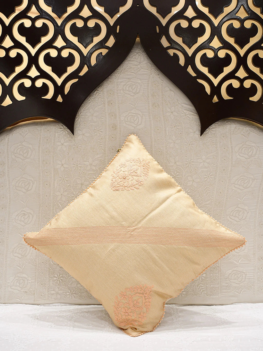 Ada Hand Embroidered Peach Tissue Lucknowi Chikankari Cushion Cover 01A48542