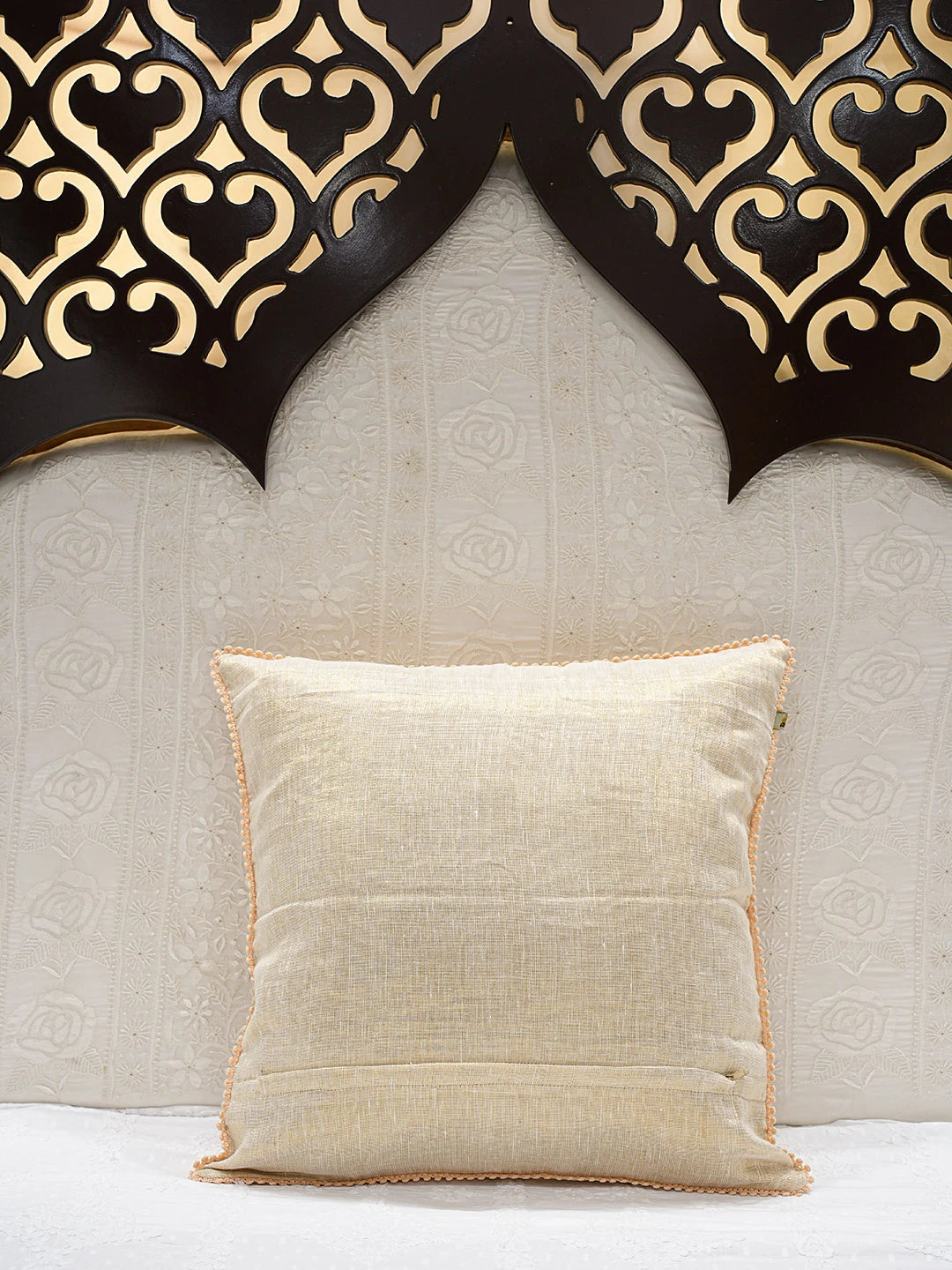 Ada Hand Embroidered Peach Tissue Lucknowi Chikankari Cushion Cover 01A48542