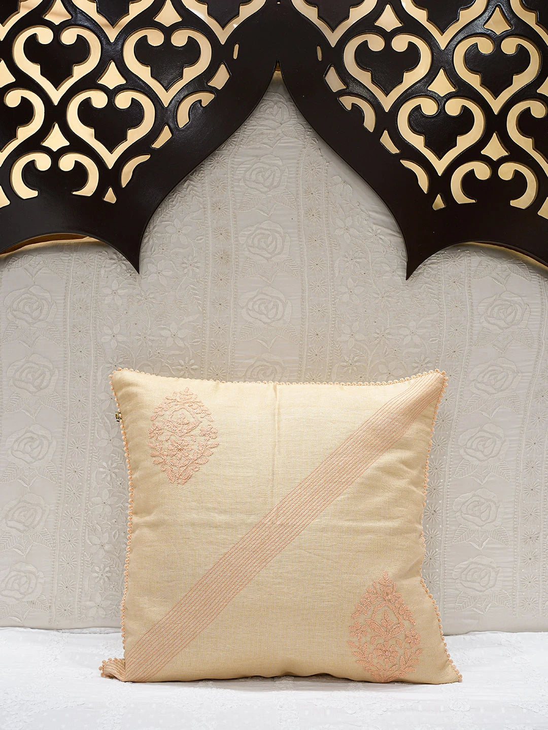 Ada Hand Embroidered Peach Tissue Lucknowi Chikankari Cushion Cover 01A48542